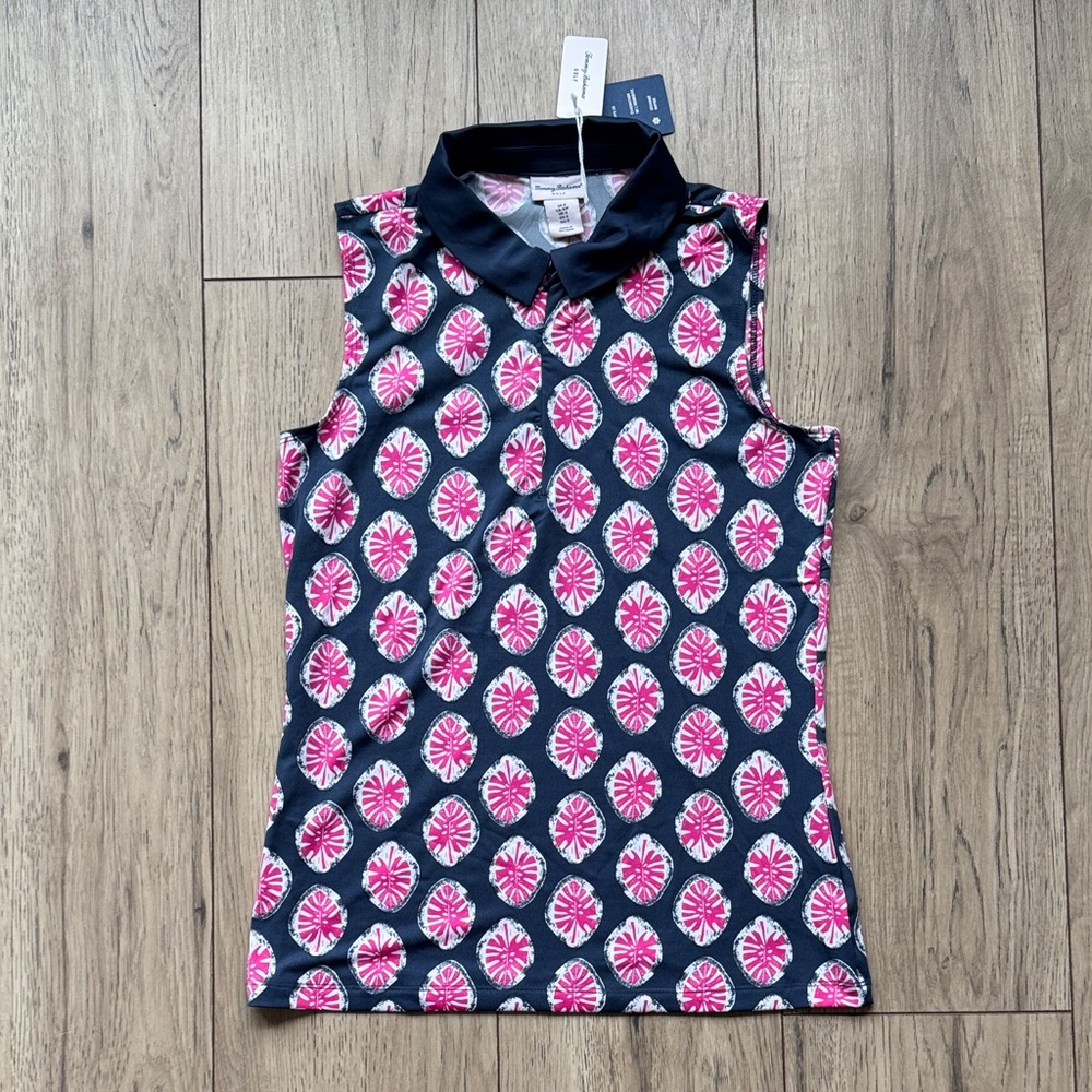 Tommy Bahama Golf Womens S Sleeveless Polo Shirt Blue Pink UPF 50 Tropical NWT